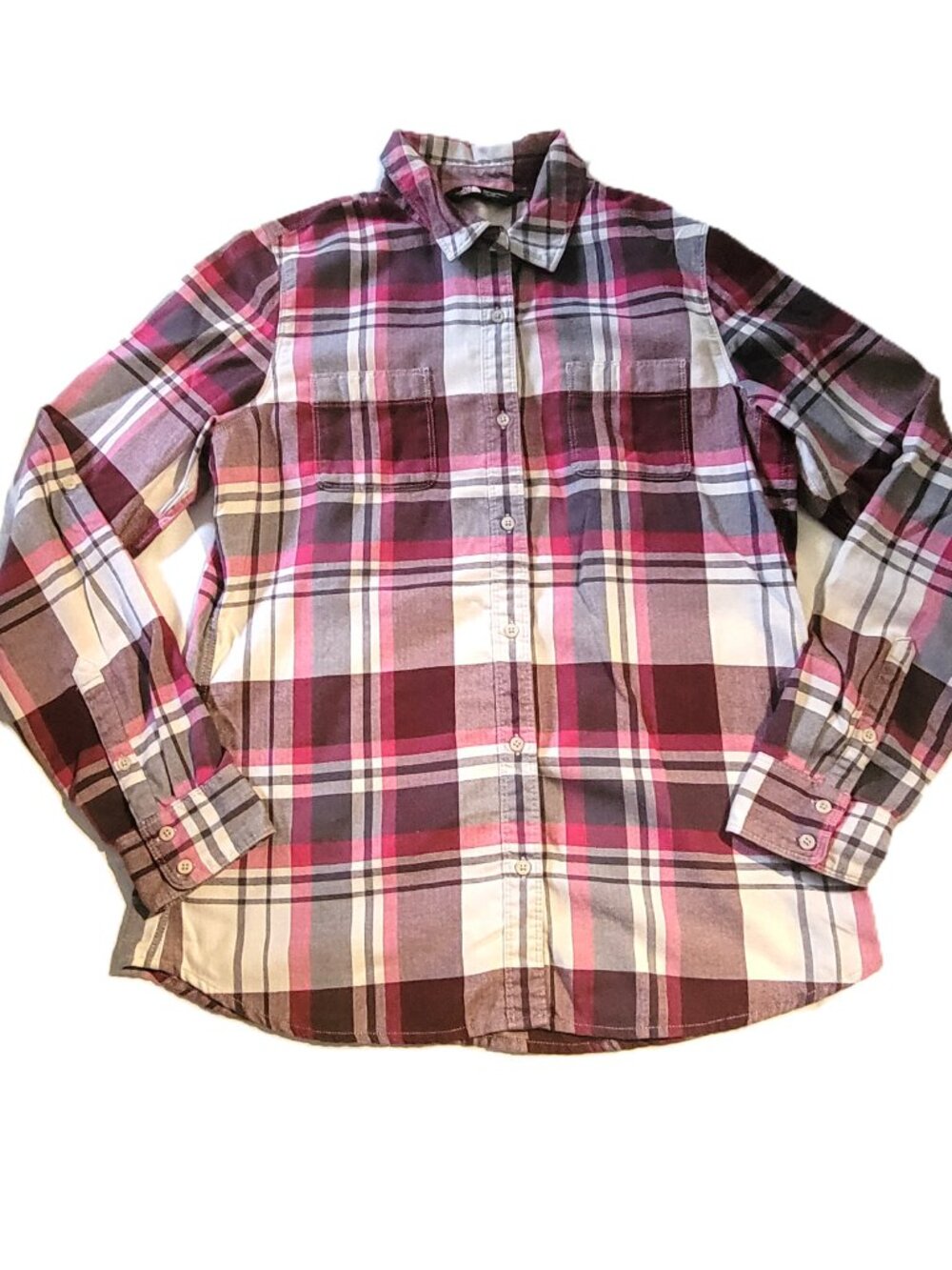 The North Face Womens L Large Plaid Flannel Shirt Button Down Burgundy Pink Gray